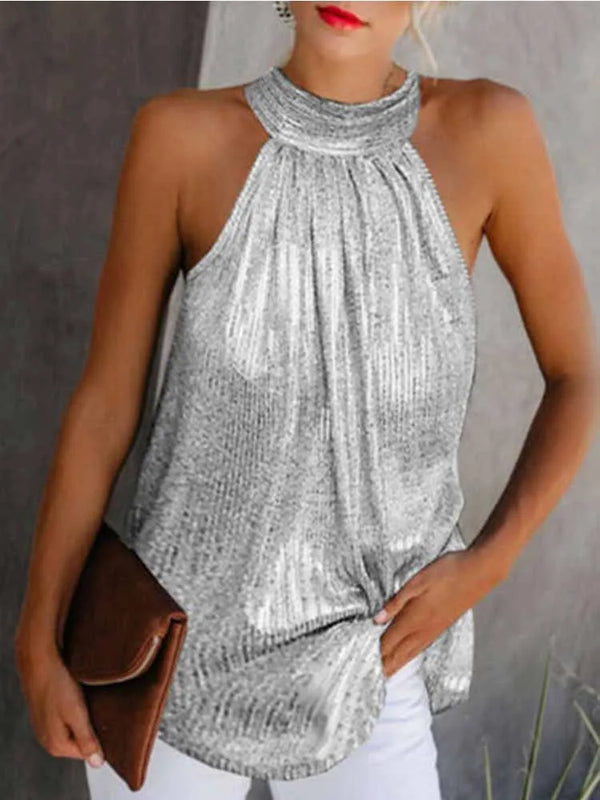 Women Gold Blouse 2025 New Fashion High Neck Sleeveless Hatler Tank Top Vest Summer Casual Loose Blouse Shirt Tee