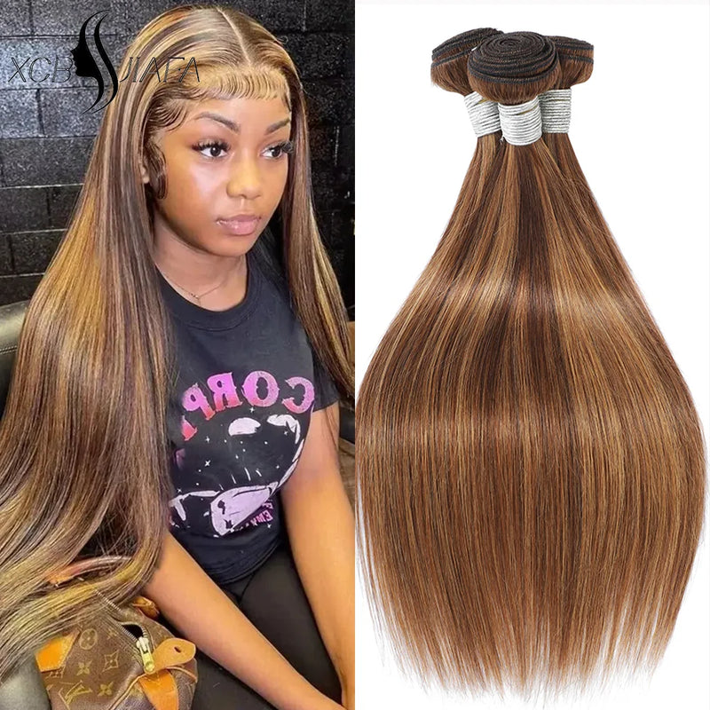 32 Inch Honey Blonde Straight Bundles P4/27 Highlight Straight Human Hair Bundles Brown Colored Brazilian Hair Weave Bundles