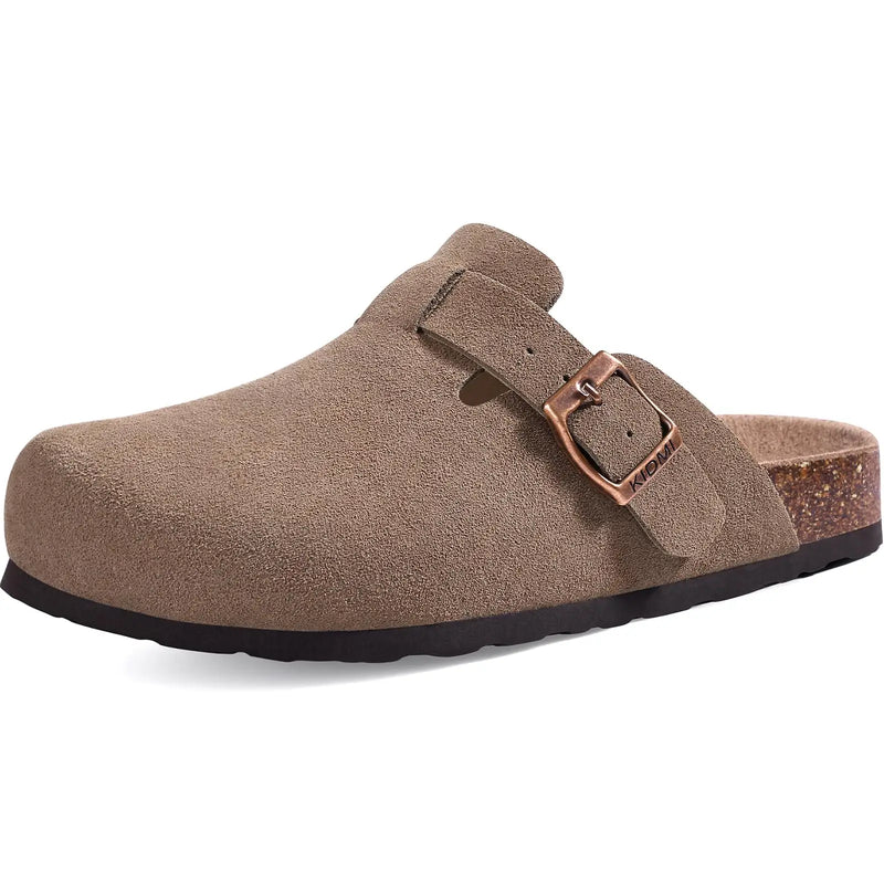 Comwarm Arch Support Unisex Clogs Slippers With Adjustable Metal Buckle Vegan Suede Mules Anti-slip Cork Footbed Potato Shoes