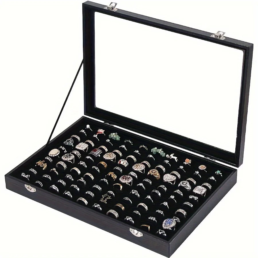100 groove ring box box box box display box, ring holder storage box for jewelry display with glass cover