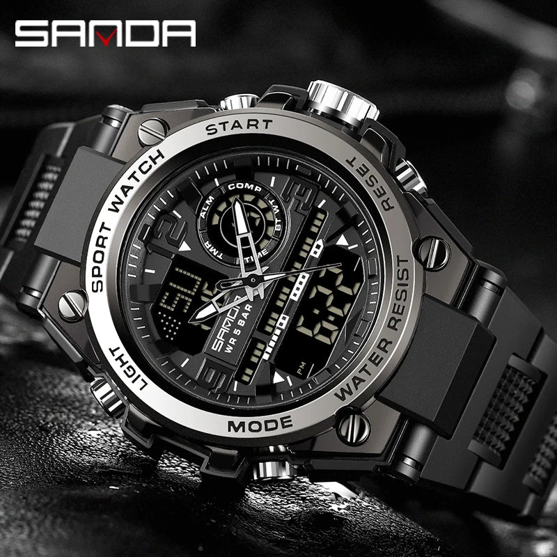 SANDA 6024 Men Sports Quartz Watches Dual Display LED Electronic Digital Wristwatches Waterproof Watch Relogios Masculino