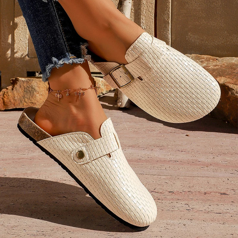 Fashion Gold Woven Buckle Clogs for Women 2026 Summer Closed Toe Cork Sole Mule Shoes Woman Non-slip Flat Heels Half Slippers