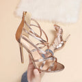 New Fashion Gold Sandals Women Patent Leather Open Toe High Heels Lady Wedding Dress Party Shoes Back Zipper