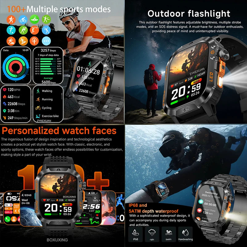2026 New 1200 mAh Battery Military Smartwatch Men 5ATM Waterproof Fitness Tracker Health Heart Rate Smart Watch For iOS Android