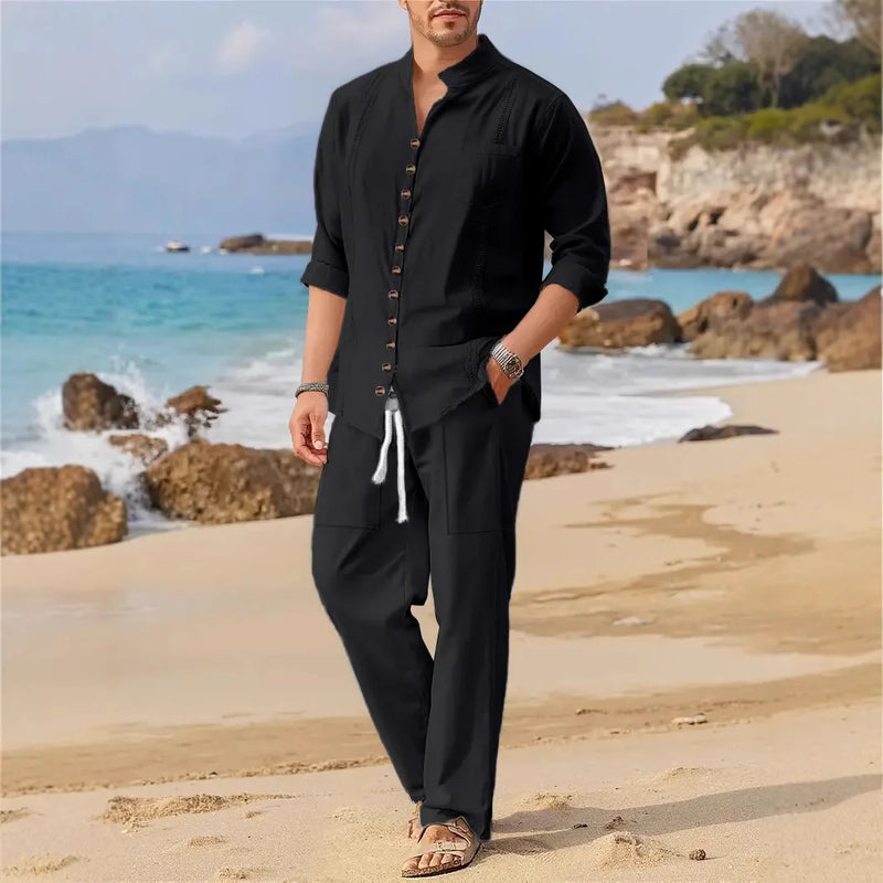 Men's Retro Cotton And Linen Set, Spring And Autumn Fashion Stand - up Collar Pocket Long Pants - sleeved - View 2 | SAMAG