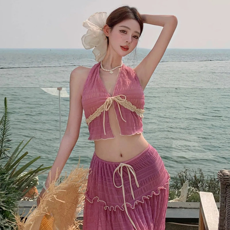 Sexy lace patchwork halter vest bikinis sets | SAMAG