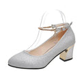 5Cm Mid Heel High Heels Silver Shiny Sequin Party Wedding Shoes Fashion Chunky Heels Chain Ankle Strap Ladies Pumps Plus Size 41