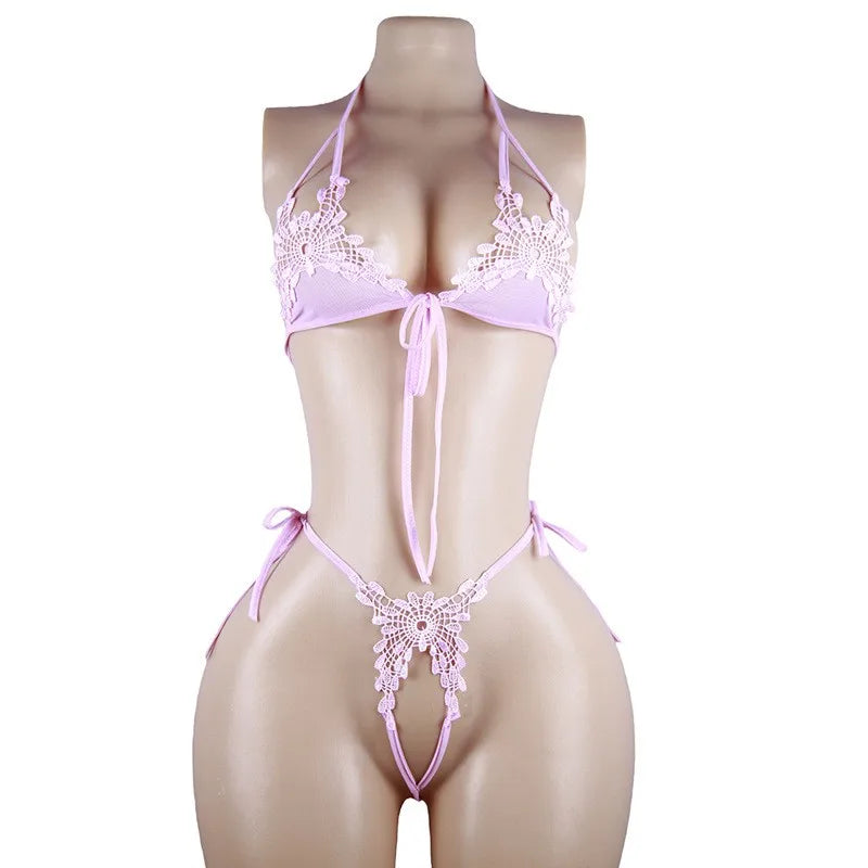 Sexy Crotchless Bra Set New Sexy Lingerie Woman 2 Pieces Transparent Women's Lace Panties Erotic Beautiful Bra And Thong Set