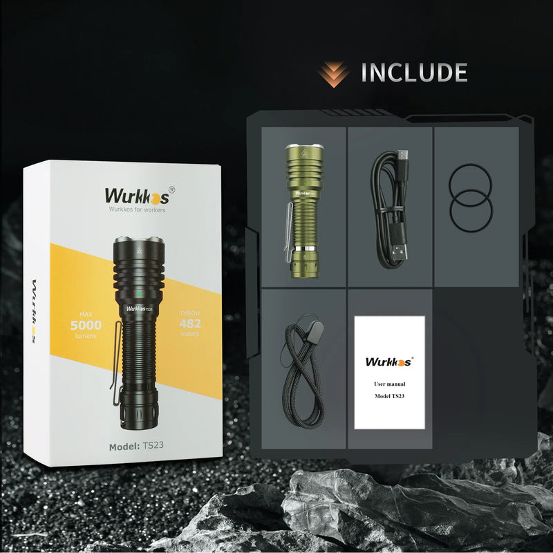 Wurkkos TS23 21700 Rechargeable Tactical Flashlight EDC 5000LM XHP70.3 HI LED Torch IPX-8 Waterproof Two Group Modes Tail Switch