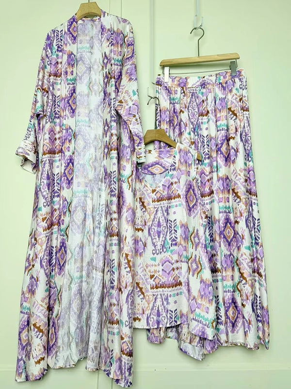 Design retro positioning printed long cardigan+vest three piece set for spring women's clothing+loose pants skirt fashion set