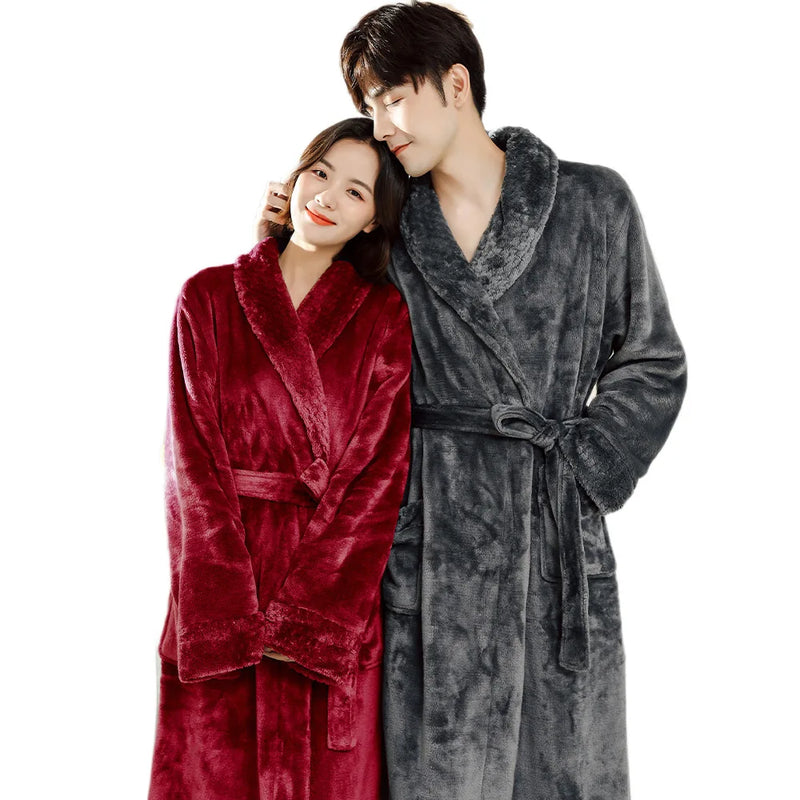 Couple Flannel Robe Winter Thick Warm Bathrobe Long Fleece Sleepwear Loungewear for Men and Women