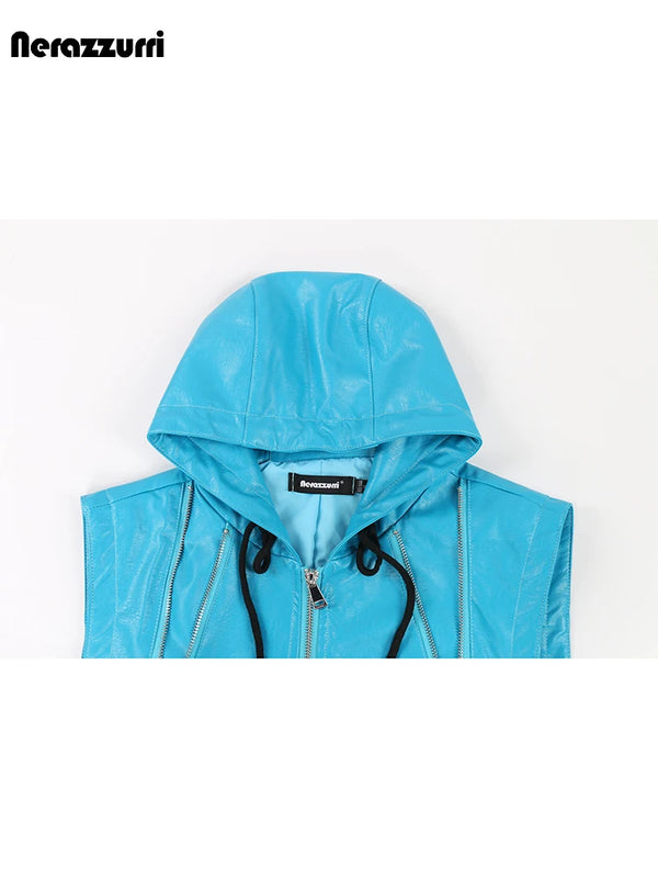 Nerazzurri Summer Autumn Short Black Blue Pu Leather Vest Men with Hood Zipper Luxury Designer Sleeveless Jacket Unisex Clothes