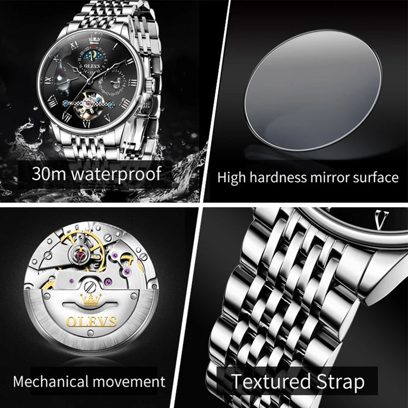 OLEVS 7009 Business Skeletonizing Mechanical Watch Gift Round-dial Genuine Watchband Wristwatch Week Display Calendar Men Watch