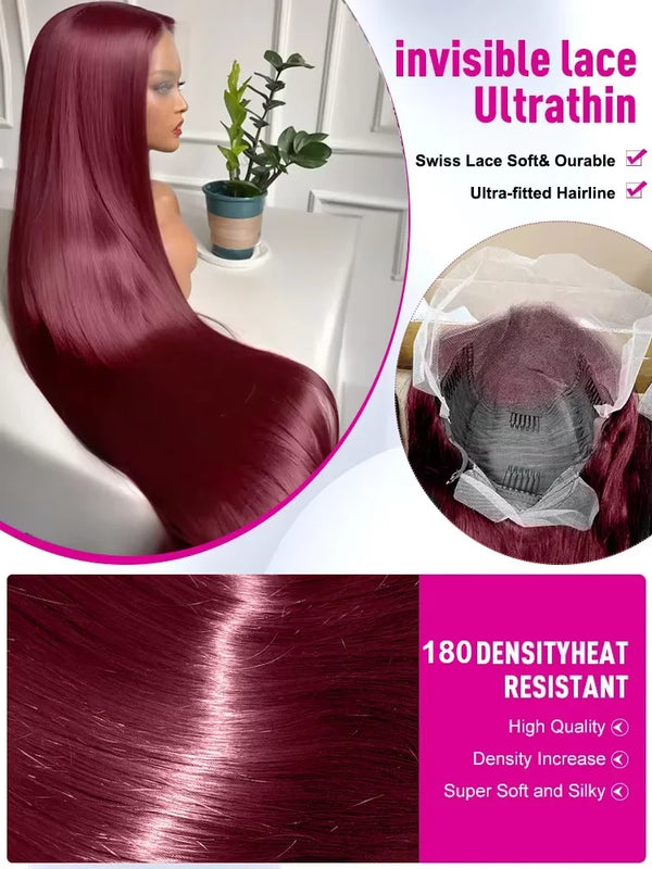 250% Density 32 Inch 99J Burgundy 13x6 HD Lace Front Human Hair Wigs Red Wine Brazilian Straight 13x4 Glueless Lace Frontal Wigs