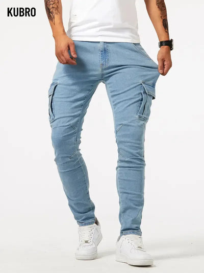 Street Elastic Jeans Men Denim Cargo Pants Wash Solid | SAMAG