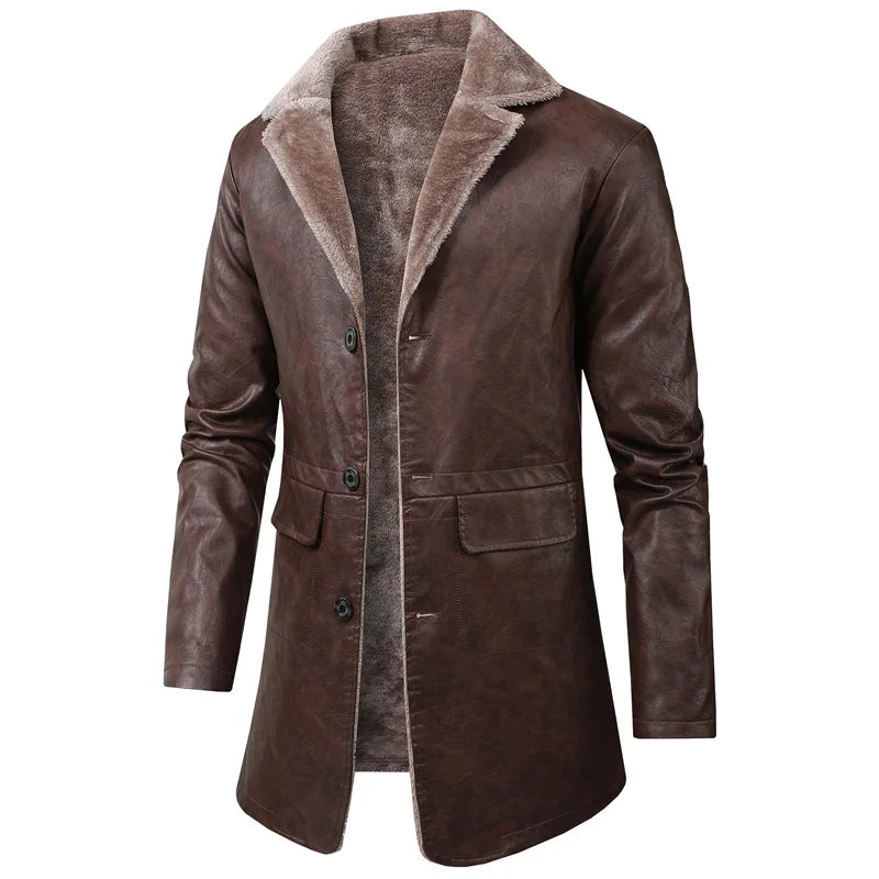 Winter Men's Thick PU Leather Jacket Coat Long Outwear Fur Turn Down Collar Fashion Male Clothes Vintage Leather Jackets MY916