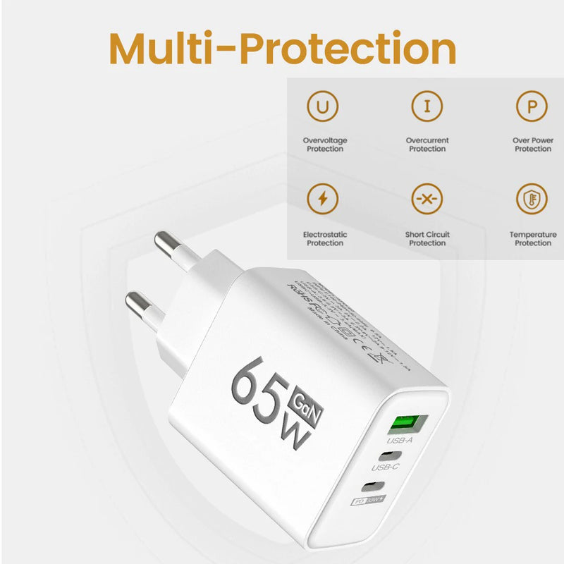 65W USB C GaN Charger 3 Ports Fast Charging Adapter 10A USB To Type C Data Cable PD USB QC3.0 Chargers for iPhone Samsung Xiaomi