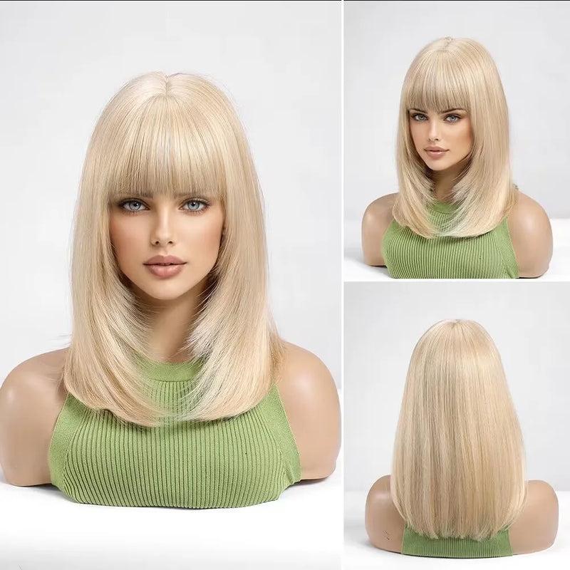 EASIHAIR Short Straight Bob Hair Synthetic Wigs for Women Brown Straight Natural Wigs with Eight Character Bangs Daily Cosplay