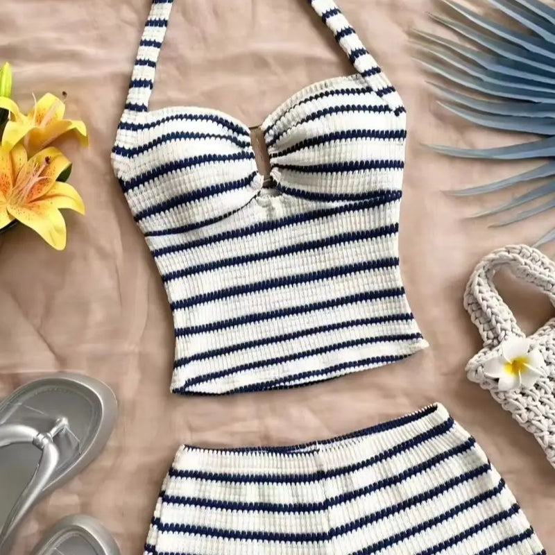 Summer Textured Knit Halter Top Shorts Two Piece Outfit, Classic Nautical Stripes Paired With Breathable Knit Fabric, Ideal For