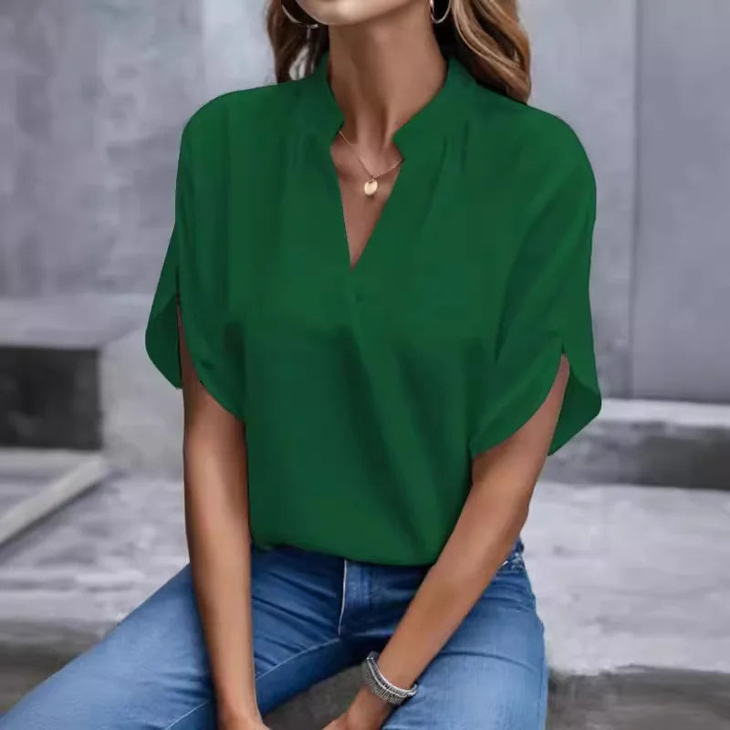 V Neck Short Sleeve Loose Blouse Women Casual Solid Color - View 4 | SAMAG