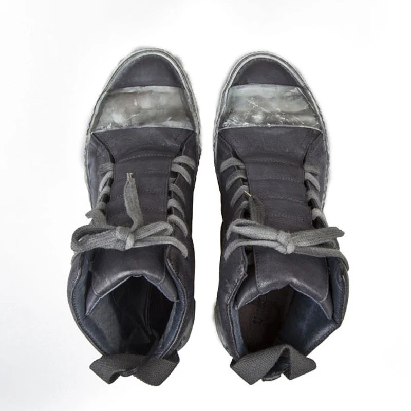 Retro Mixed Color Men Ankle Boots Handmade Genuine Leather High-top Men Sneakers Dark Black Street Style Fashion Men Flat Shoes
