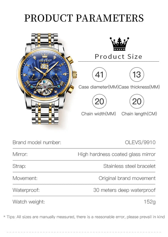 OLEVS 9910 Original Men's Automatic Mechanical Watch Luxury Skeleton Stainless steel Waterproof Luminous Watches