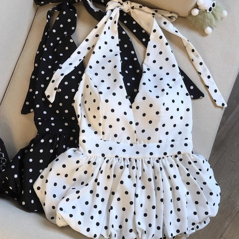 Backless Sexy Halter Beach Babydoll Crop Tops Women Polka Dots V Neck Sleeveless T Shirt Ruffles Basic Tees Not-Padded Pad