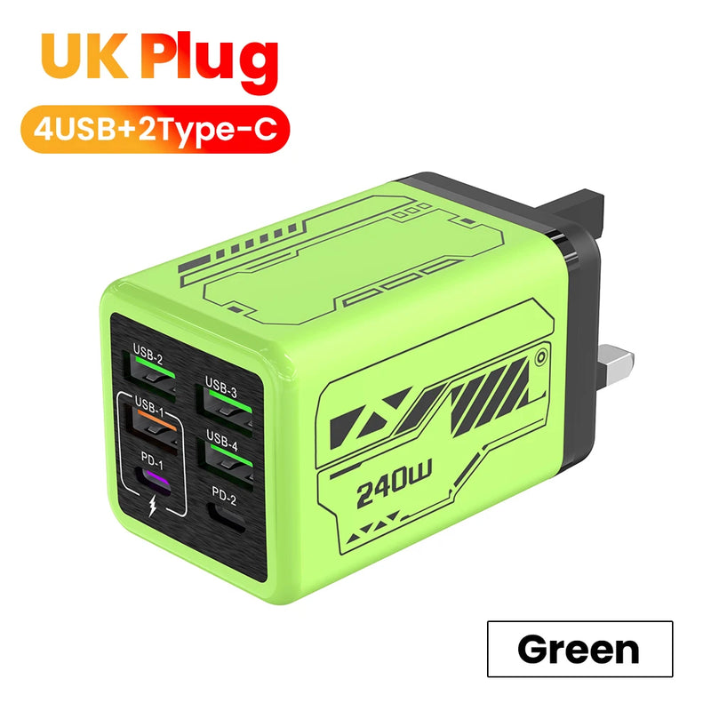 240W 4USB+2Type C Super Fast Charging Mobile Phone Charger 6 Ports USB3.0 PD3.0 EU/UK/US Charger For Iphone 17 16 Samsung POCO