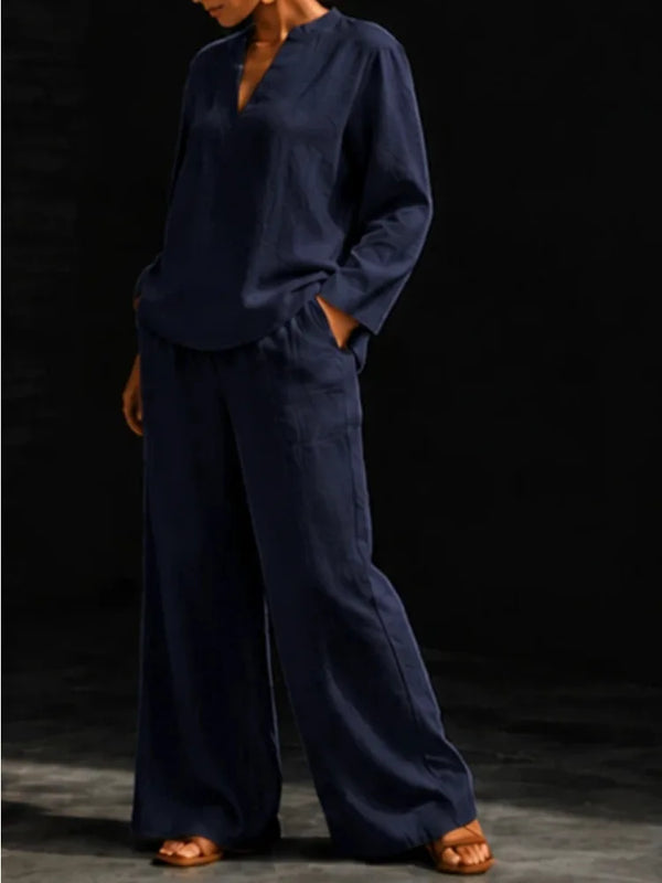 Women 2‑Piece Matching Outfit Long Sleeve Button Shirt High Waist Wide Leg Pant Loose Vacation Street Daily Wear Suit For Ladies
