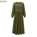 ZANZEA Women Modest Plisse Maxi Dress O-Neck Long Sleeve | SAMAG