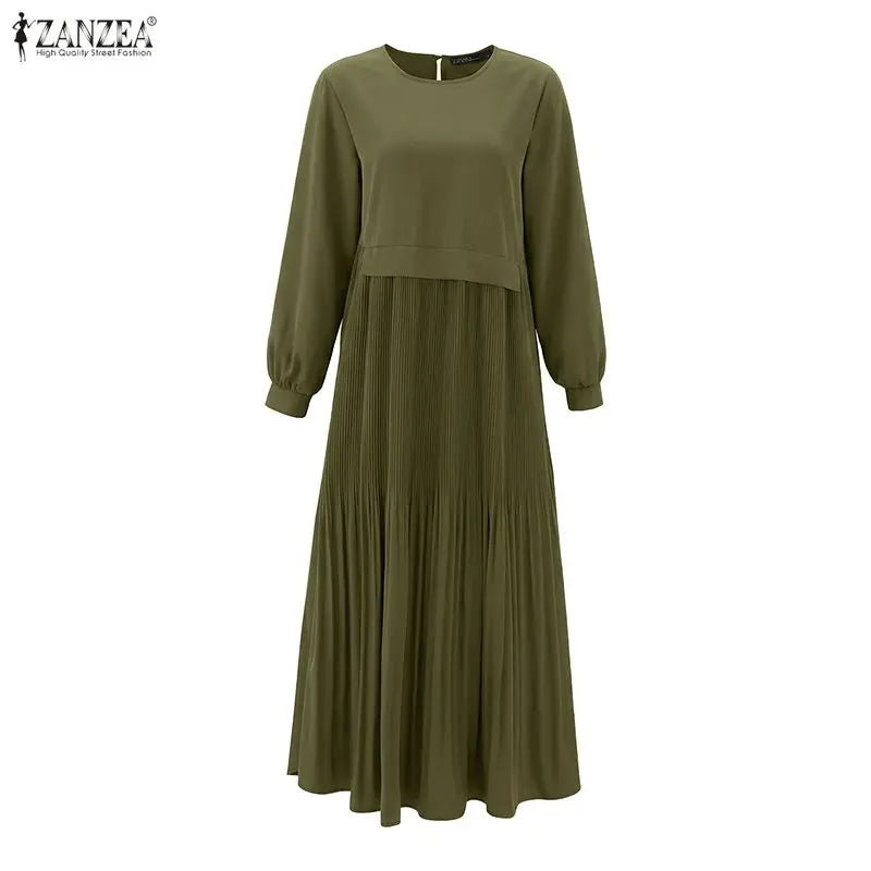 ZANZEA Women Modest Plisse Maxi Dress O-Neck Long Sleeve | SAMAG