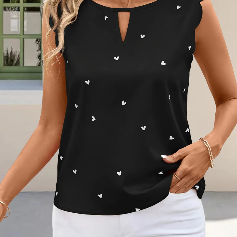 2026 Summer New Sleeveless Top Heart Print Round Neck Cutout Commuter Western Style