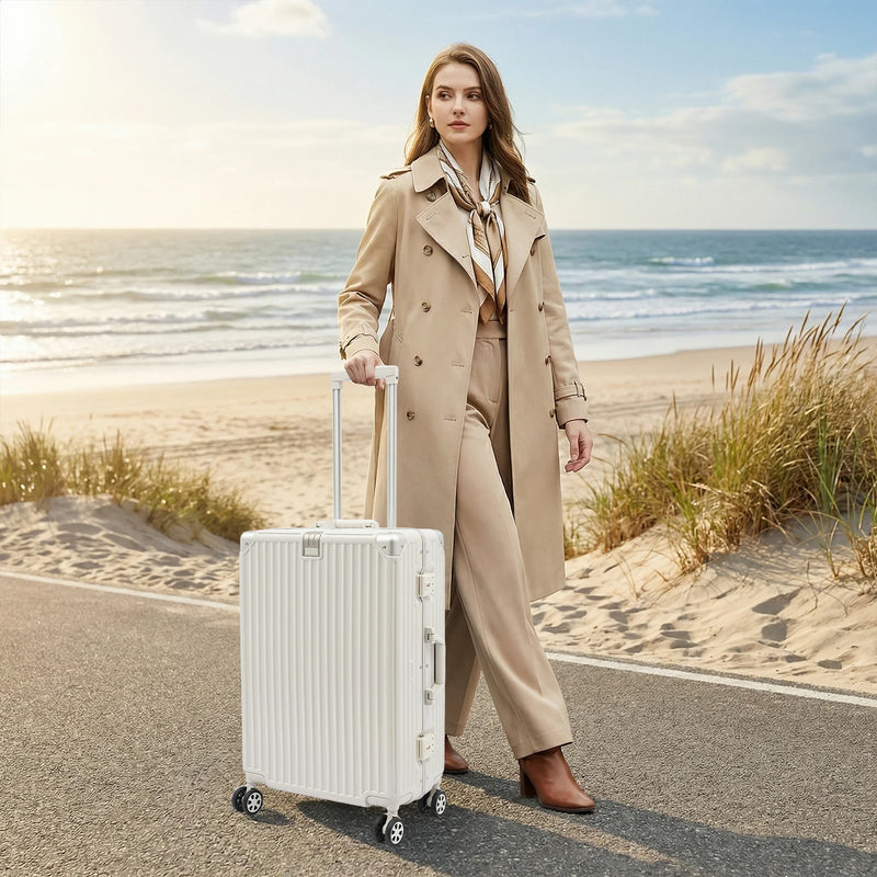 NEWEST White Large Expandable Checked Luggage, PC Hard Shell Suitcase, Top Opening Rolling Travel Suitcases with Spinner Wheels & TSA Lock