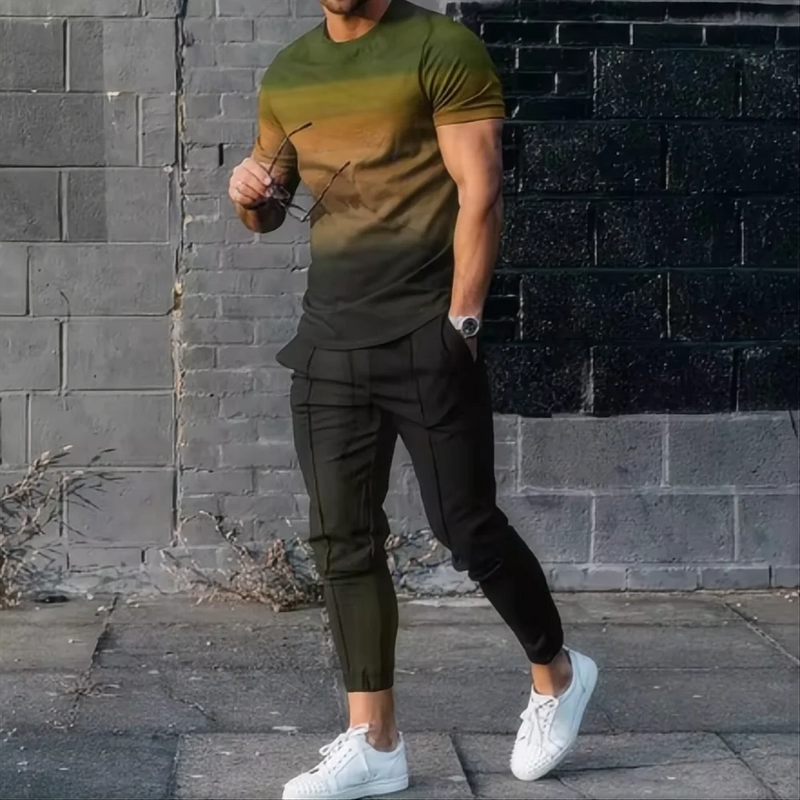 Summer men's T - shirt and pants sports suit abstract gradient 3D printed T - and set 2 - piece street wear - View 11 | SAMAG