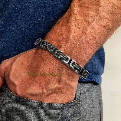 Mens Chunky Byzantine Bracelets, Retro Grey 8mm Stainless Steel Braided Link Wristband, Vintage Jewelry Gift for Him | SAMAG