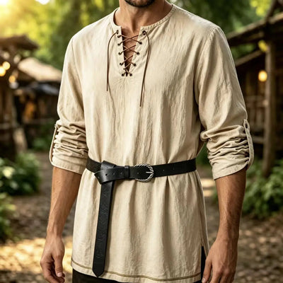 Men Medieval Lace Up Linen Long Sleeve Tunic Viking | SAMAG