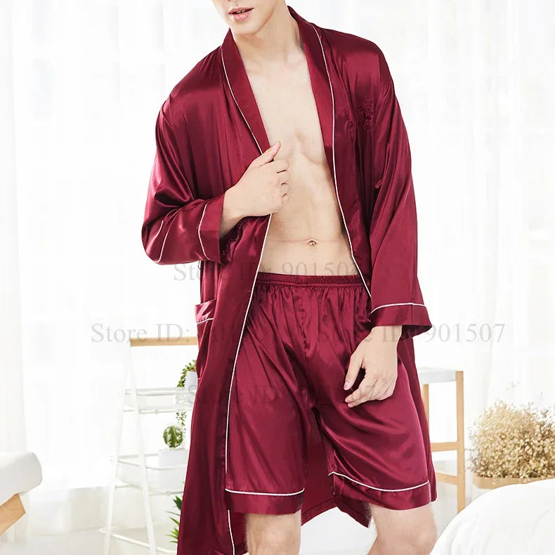 Spring Autumn Male Robe 3PCS Sleepwear Set Ice Silk Kimono Bathrobe Gown Loungewear Loose Casual Satin Homewear Nightwear 3XL
