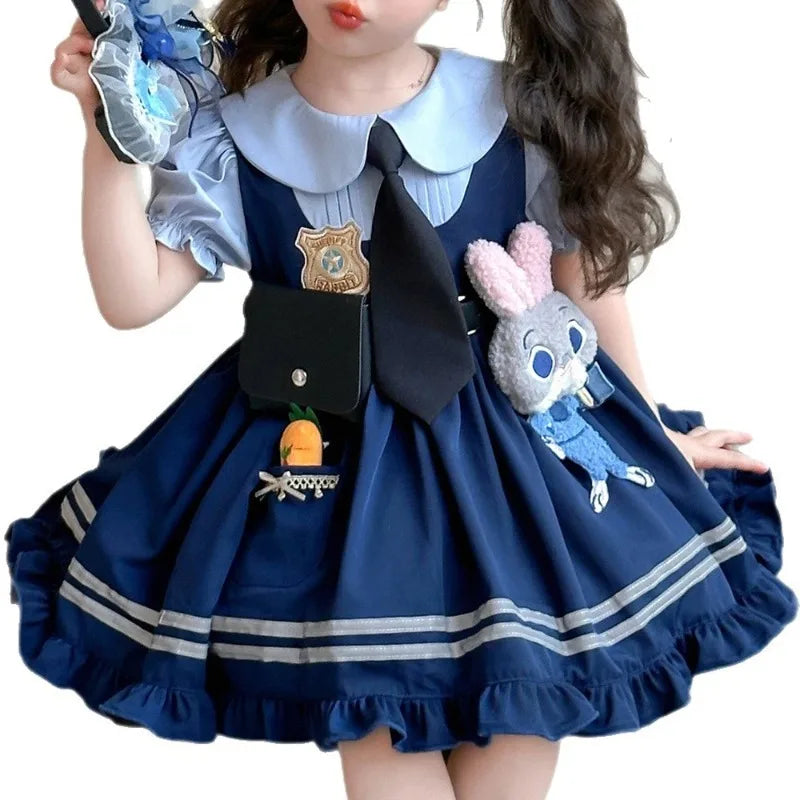 Judy Officer Costumes Short-Sleeved Lolita Dress Girls Halloween Carnival Zootopia Rabbit Cosplay Fancy Dress Birthday Gift
