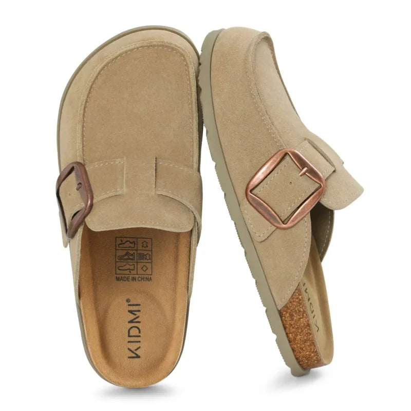 Crestar Women's Genuine Suede Clogs Outdoor Memory Foam Cork Footbed Leather Mules With Adjustable Buckle Lady Slip On Slippers