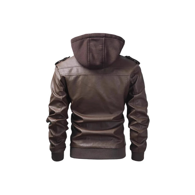 Men's Youth Hooded PU Leather Fashion Locomotive Casual Jacket Large Size Hat Removable