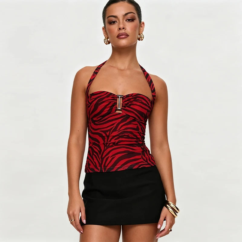 Women Summer Halter Tank Top Obsession Horror Movie Inspired Cosplay Costume Trendy Zebra‑Stripe Print Sexy Sleeveless Crop Top