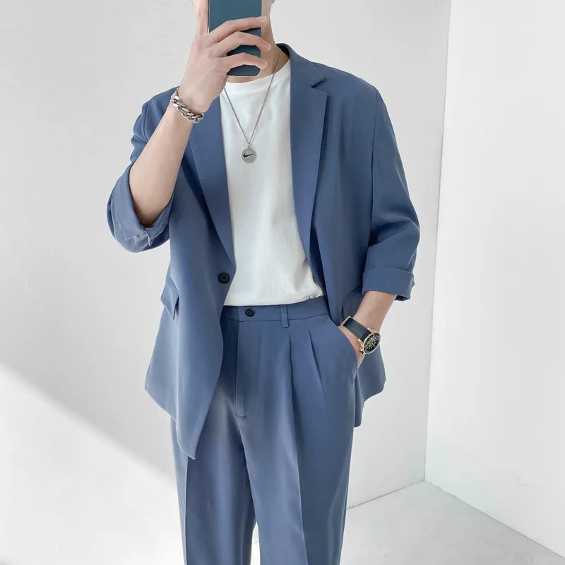 2022 Fashion Summer 2-piece Set Solid Color Single-breasted Casual Simple Student Wear Homme Loose Suits Wear (Blazers + Pants)