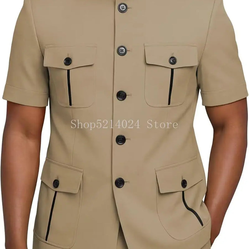 Mens Safari Suit 2 Piece Short Sleeve Suits for Men Regular Fit Stand Collar Suit African Clothes