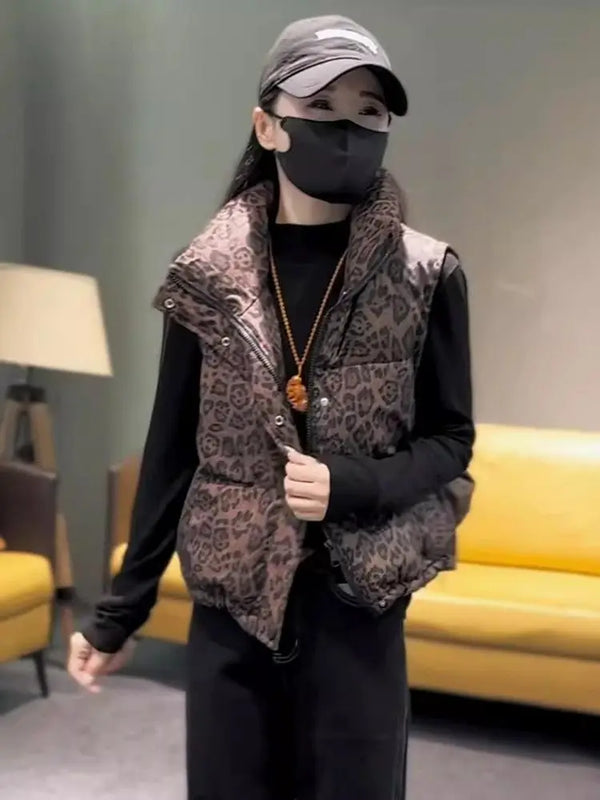 Leopard Women's Autumn Winter Sleeveless Parkas Jacket 2025 Woman Mandarin Collar Cotton Padded Vest Korean Style Waistcoat
