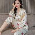 Birdtree Fall 16MM 100%Real Silk Pajama Set Women Satin Print Pyjama Pj Suit Long Sleeve Bedroom Sleepwear Set P36637QC