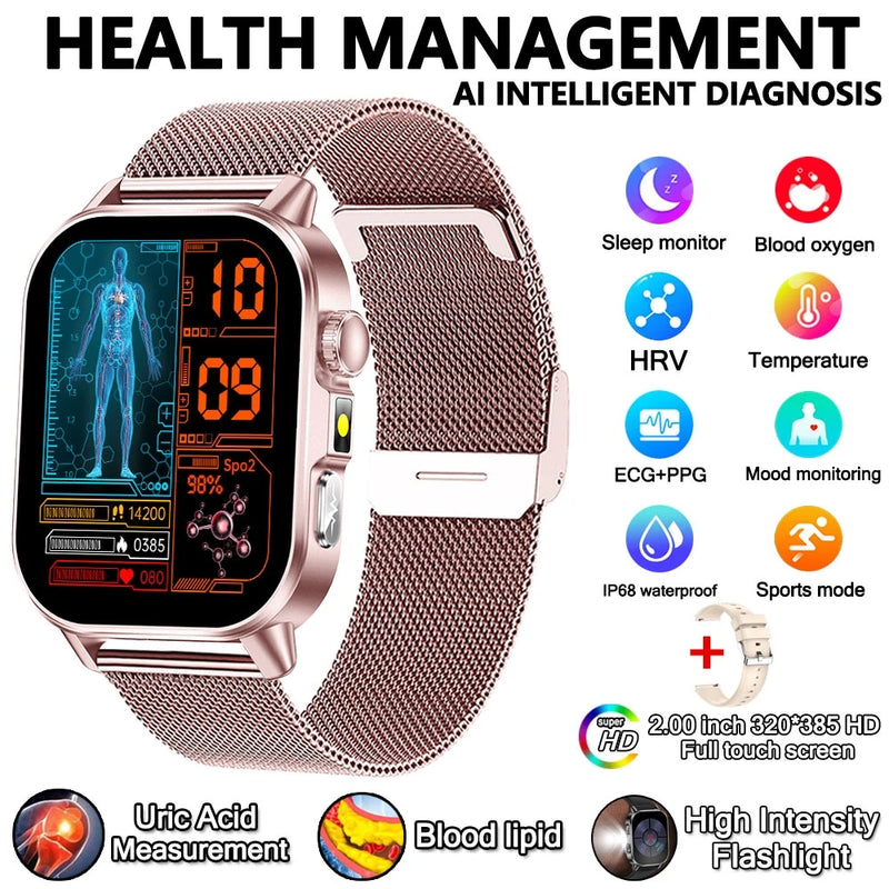 2026 New Professional-Grade Health Smart Watch Men ECG BP HR Uric Acid Lipid BMI Body Analysis Bluetooth Call Smartwatch Women