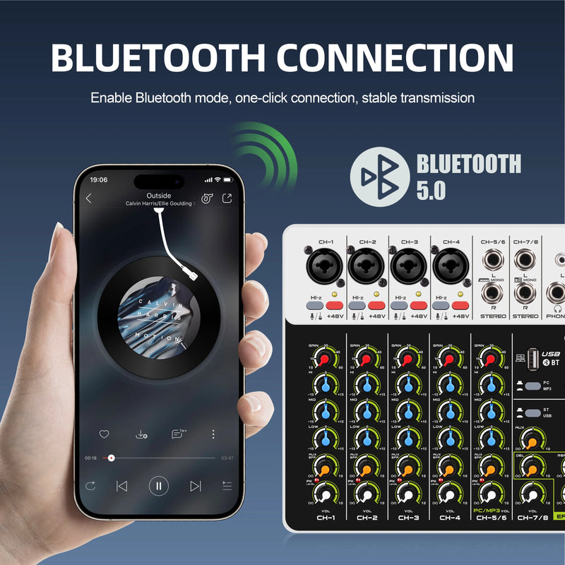Debra V4/V8 Audio Interface Mixer Bluetooth 5.0 Phantom Power for Computer Studio Stage Band with Delay Replay Effects