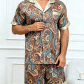 2pcs Men's Geometric Print Pajama Set Stylish Brown Short-Sleeve Shirt with Elastic Waist Shorts Comfortable Polyester Sleepwear