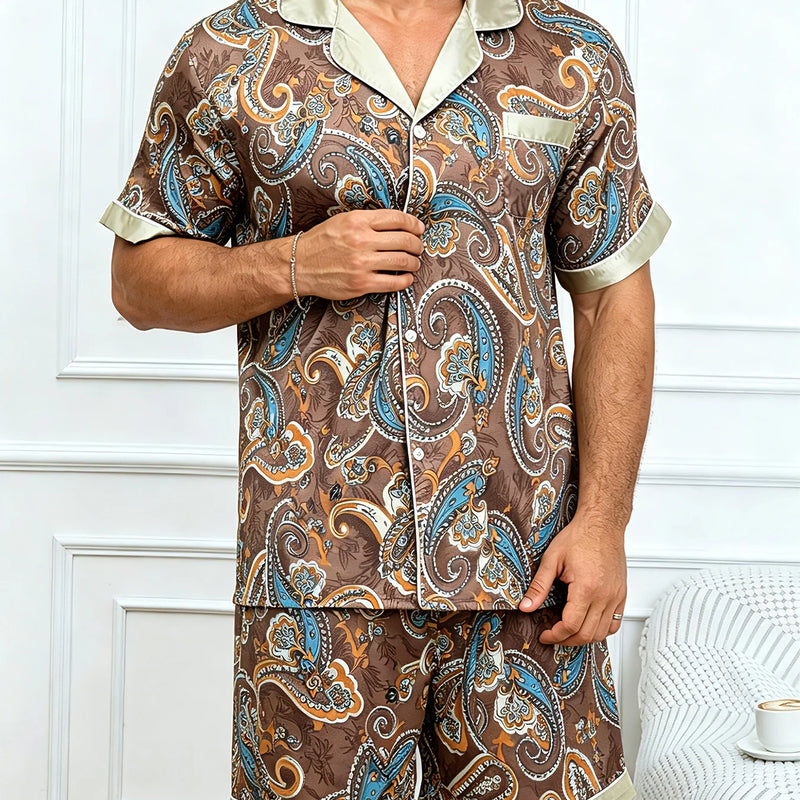 2pcs Men's Geometric Print Pajama Set Stylish Brown Short-Sleeve Shirt with Elastic Waist Shorts Comfortable Polyester Sleepwear
