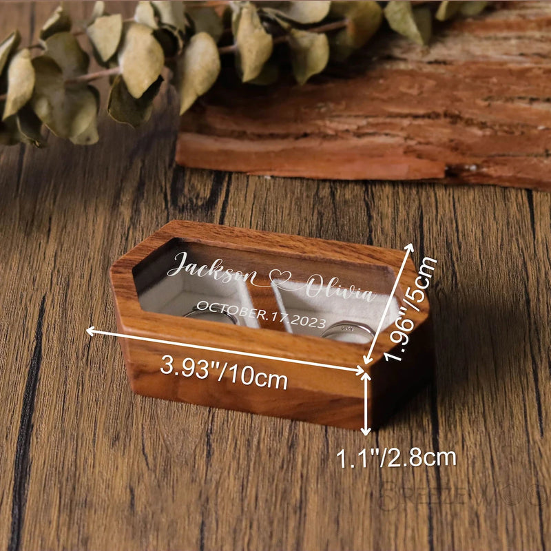 Double Compartment Wooden Jewelry Case, Clear Window Display, Personalized for Engagement/Wedding, Stylish Ring/Earring Storage